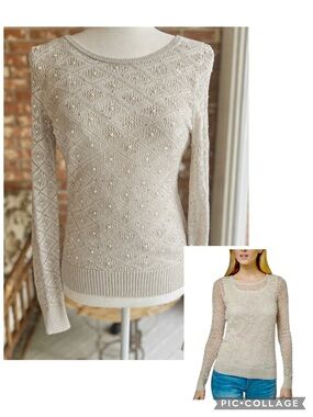 WHBM Sweater Metallic Pearl Sequins Beige Pointelle Knit XS Quiet Luxury
